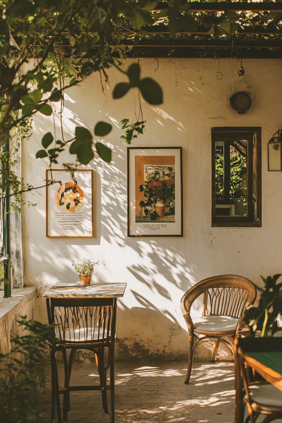 Ein gemütliches Terrasseneck mit Vintage-Stühlen, einem kleinen Tisch und Retro-Kunstwerken an der Wand.