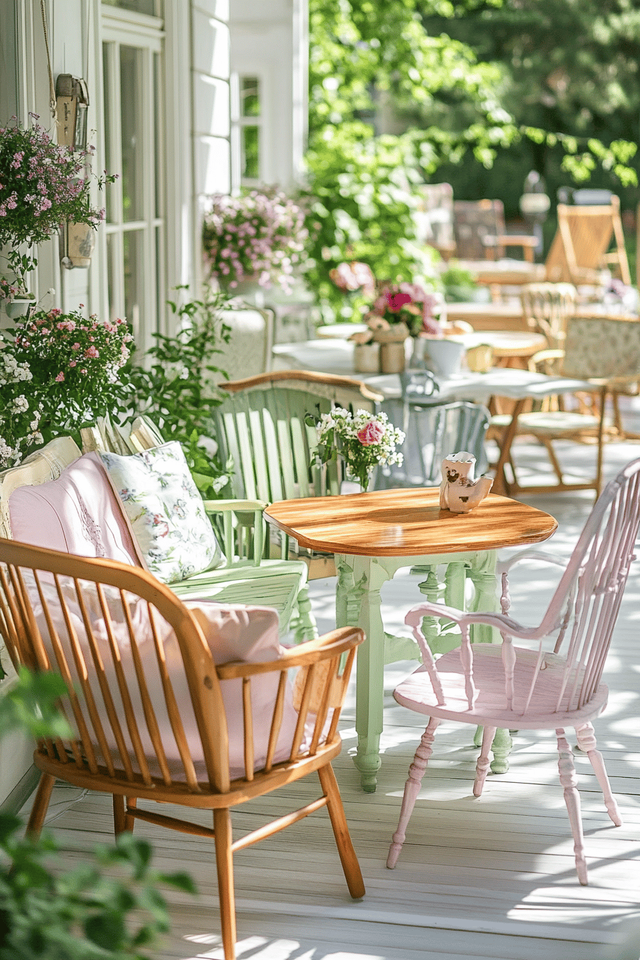 Eine Terrasse mit bunten Retro-Möbeln und Blumen in voller Blüte.