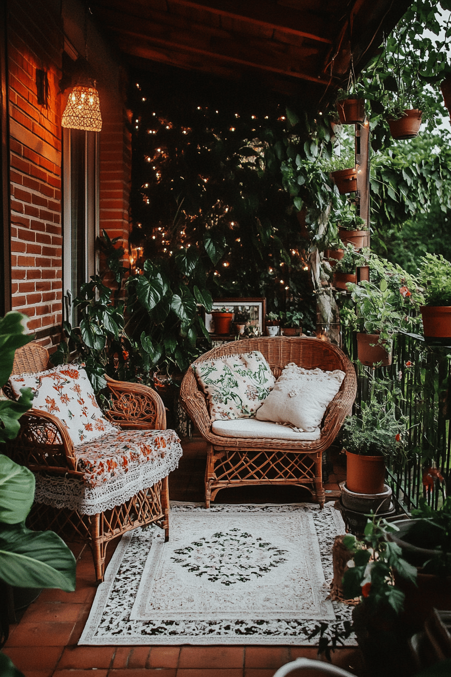 Eine gemütlich dekorierte Terrasse mit Rattanmöbeln, Kissen, einem Teppich und Pflanzen.