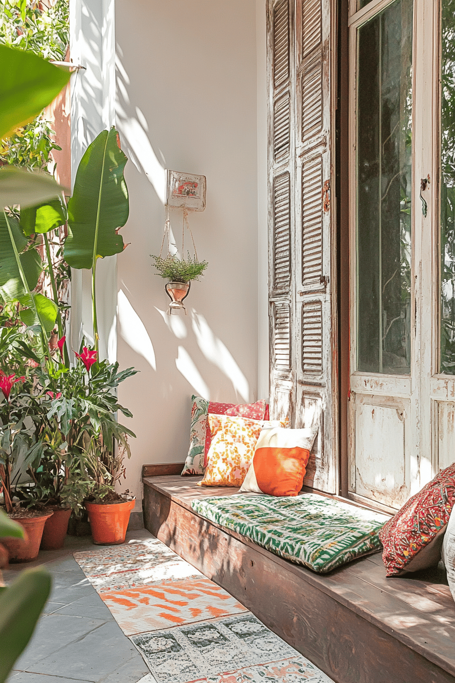 Gemütliche Terrasse mit alten Holzfensterläden und bunten Kissen.