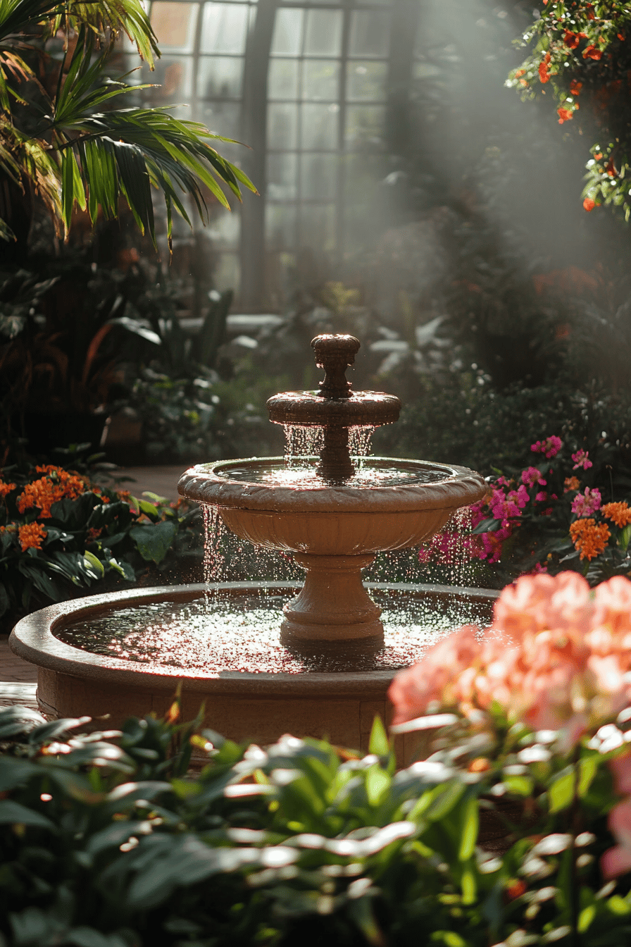 Ein eleganter Brunnen in einem blühenden Garten mit Sonnenlicht.