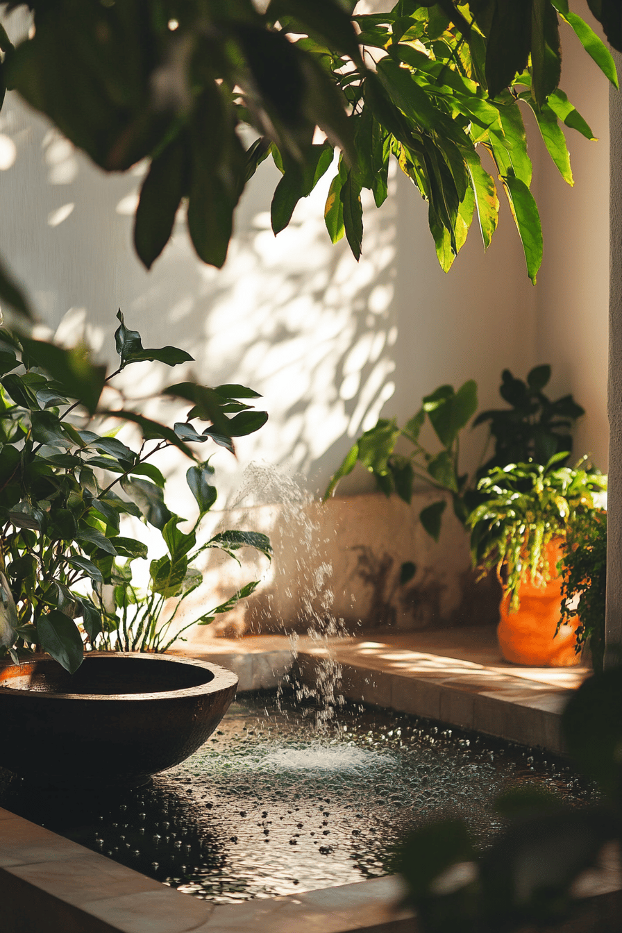 Kleiner Brunnen umgeben von Pflanzen auf einer gemütlichen Terrasse.