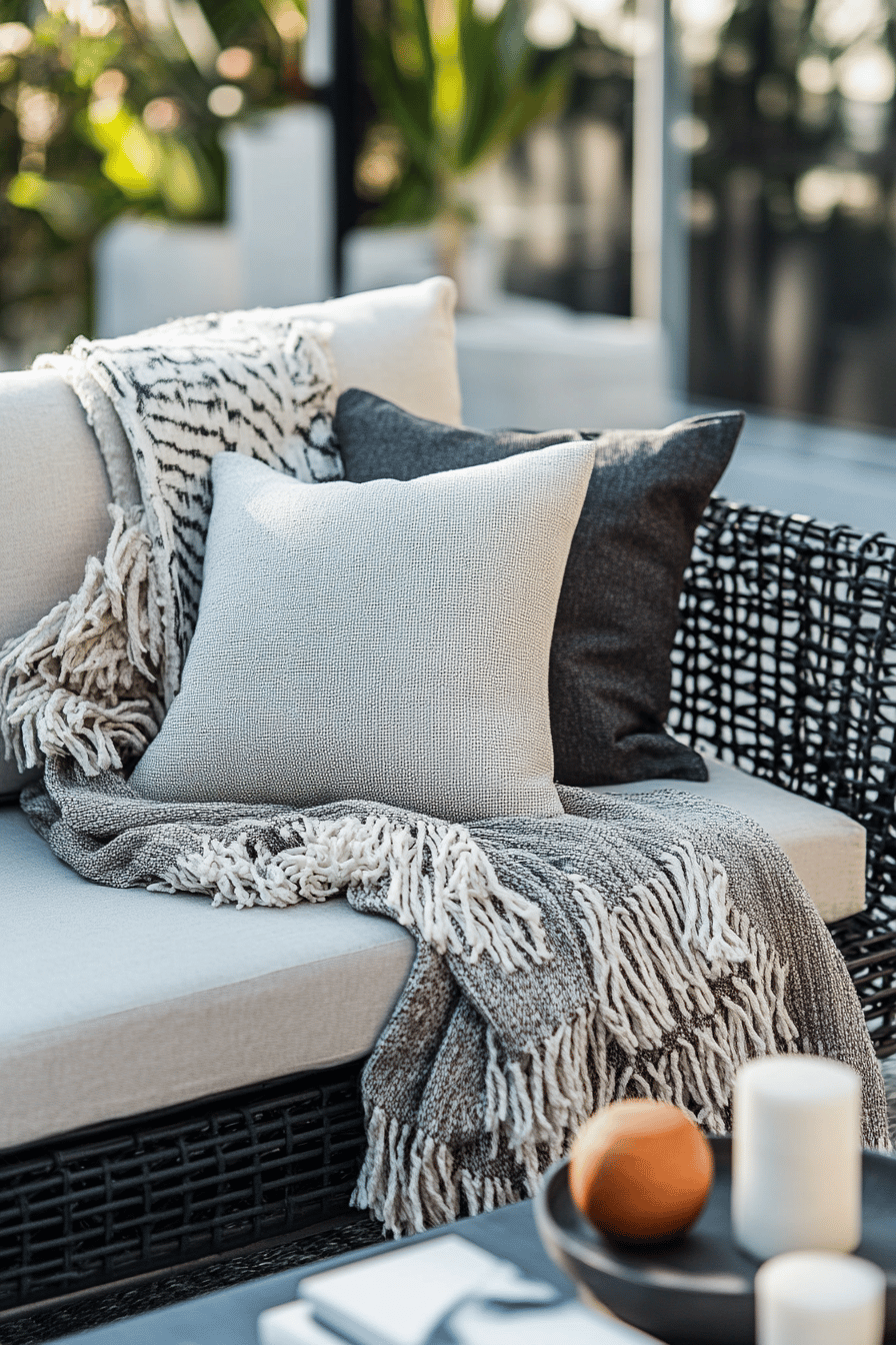 Gemütliche Sofaecke mit Kissen und Decken auf einer Terrasse.