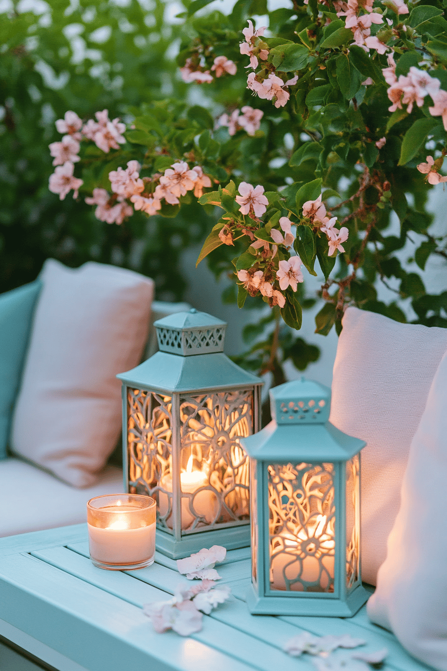 Zwei Windlichter mit brennenden Kerzen und blühenden Zweigen auf einer Terrasse.