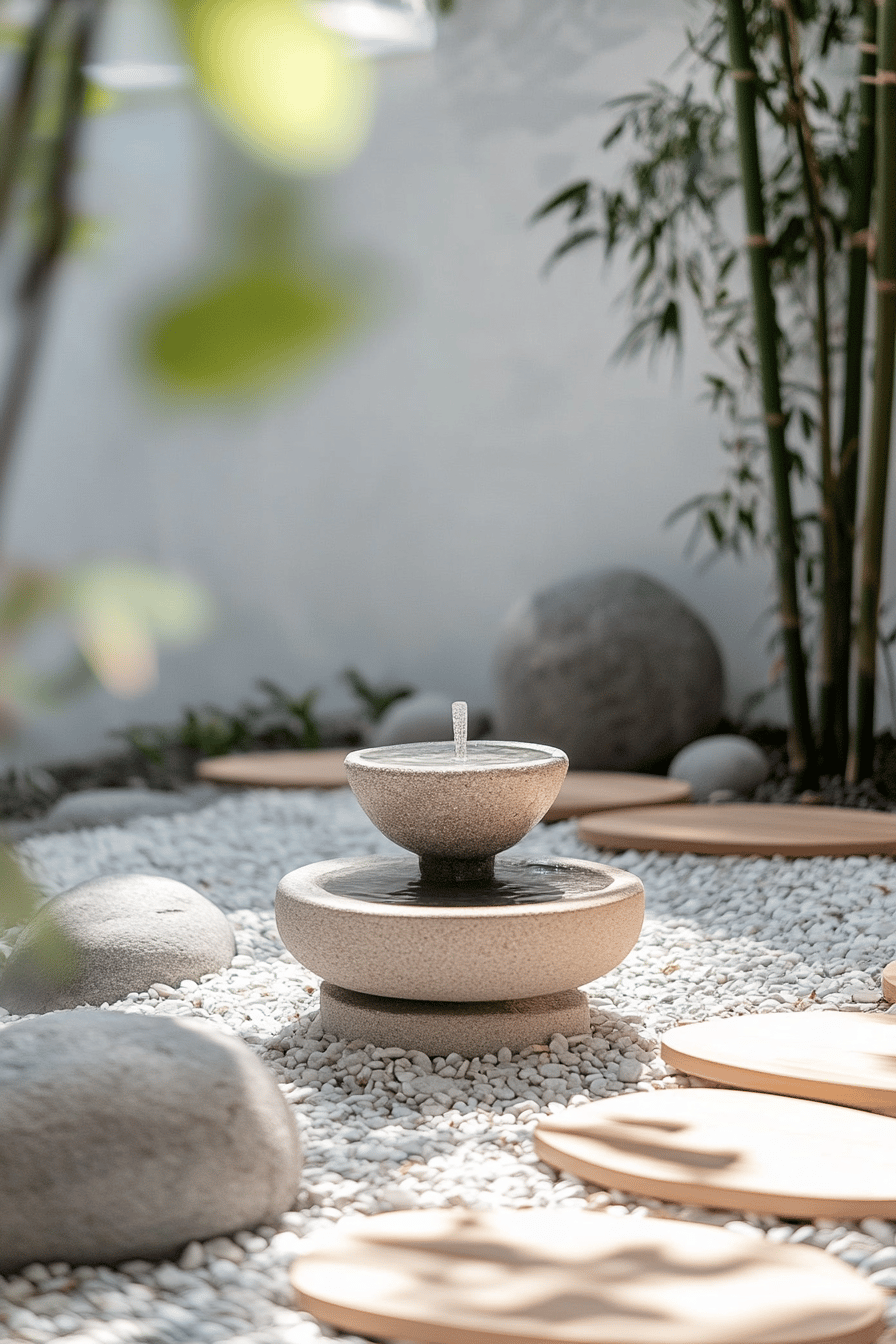 Ein Zen-Garten mit Steinen, Bambus und einer Wasserquelle.