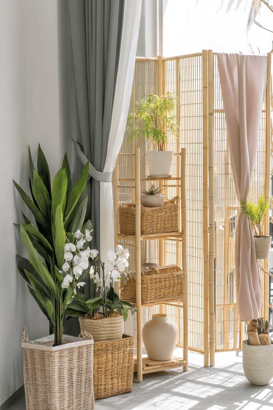 Ein stilvoller Balkon mit selbstgebauten Holzparavents und Pflanzen.