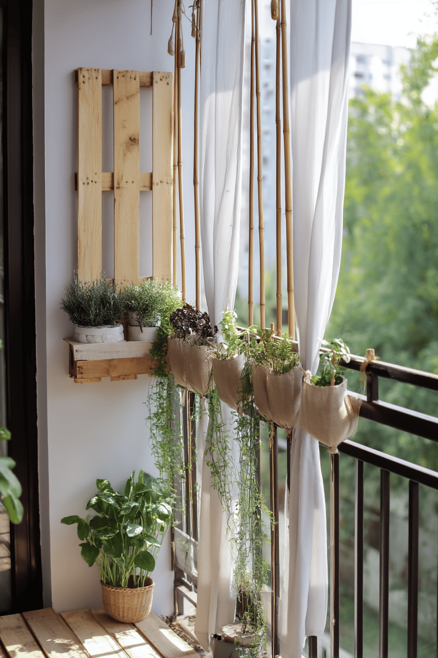 Ein Balkon mit einer Holzpalette als Dekoelement und hängenden Pflanzsäcken.