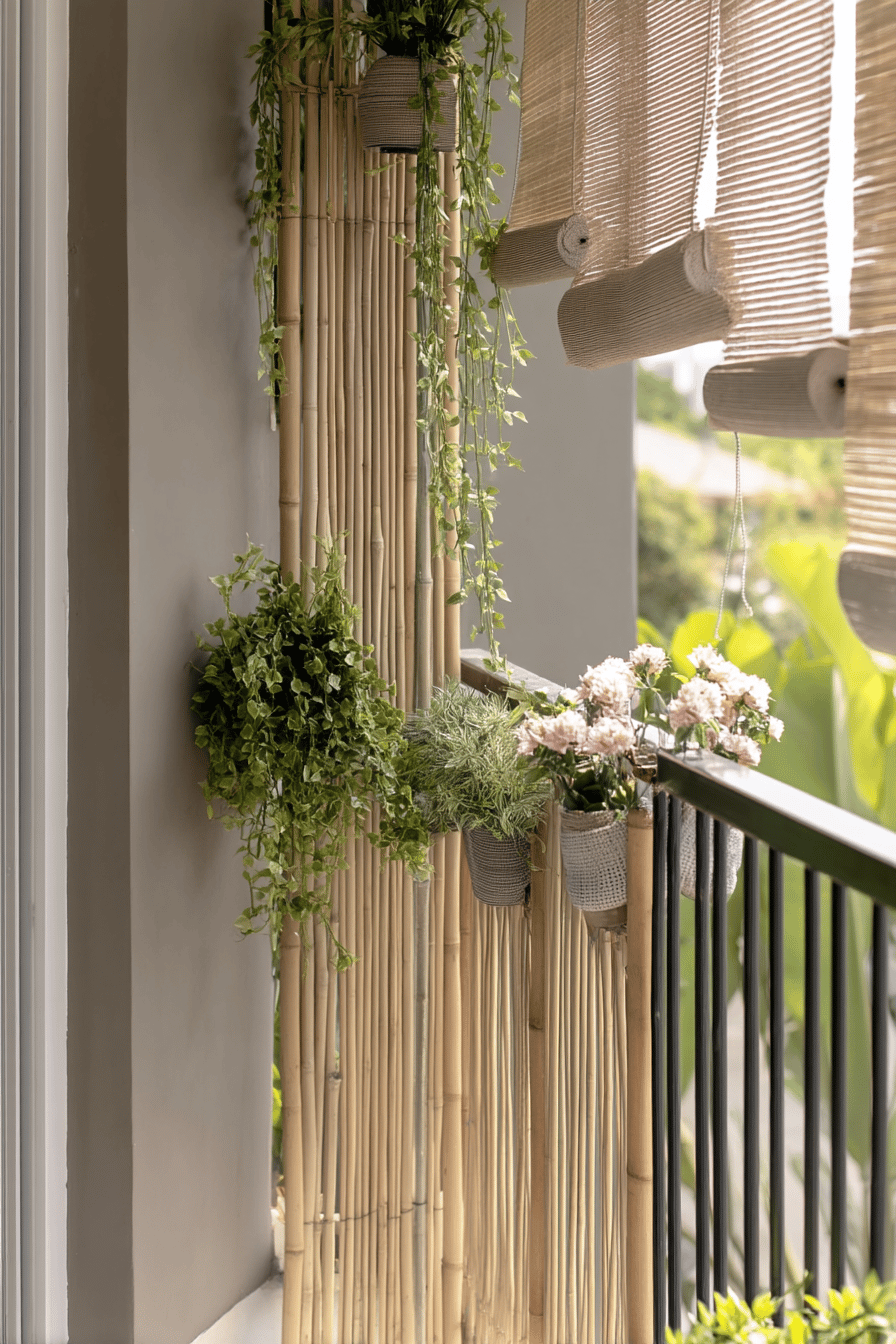 Balkon mit Bambuswand, hängenden Pflanzen und Rollläden.