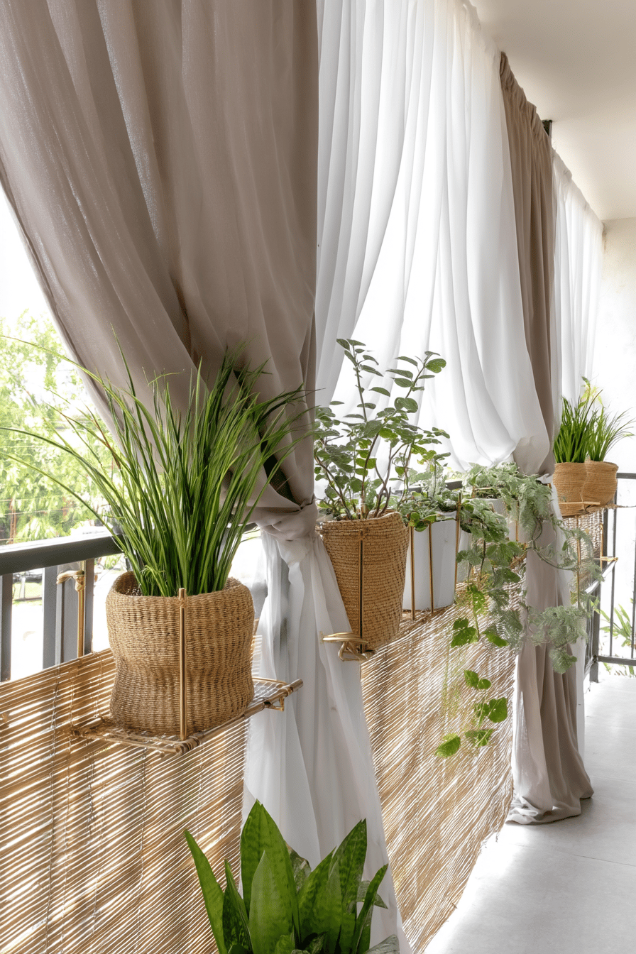 Bambusmatte auf Balkon mit Pflanzen und Vorhängen als Sichtschutz.