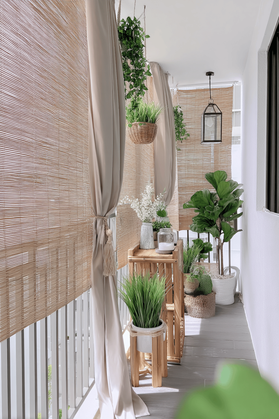 Balkon mit Geflechtmatten, Vorhängen und üppigen Pflanzen.