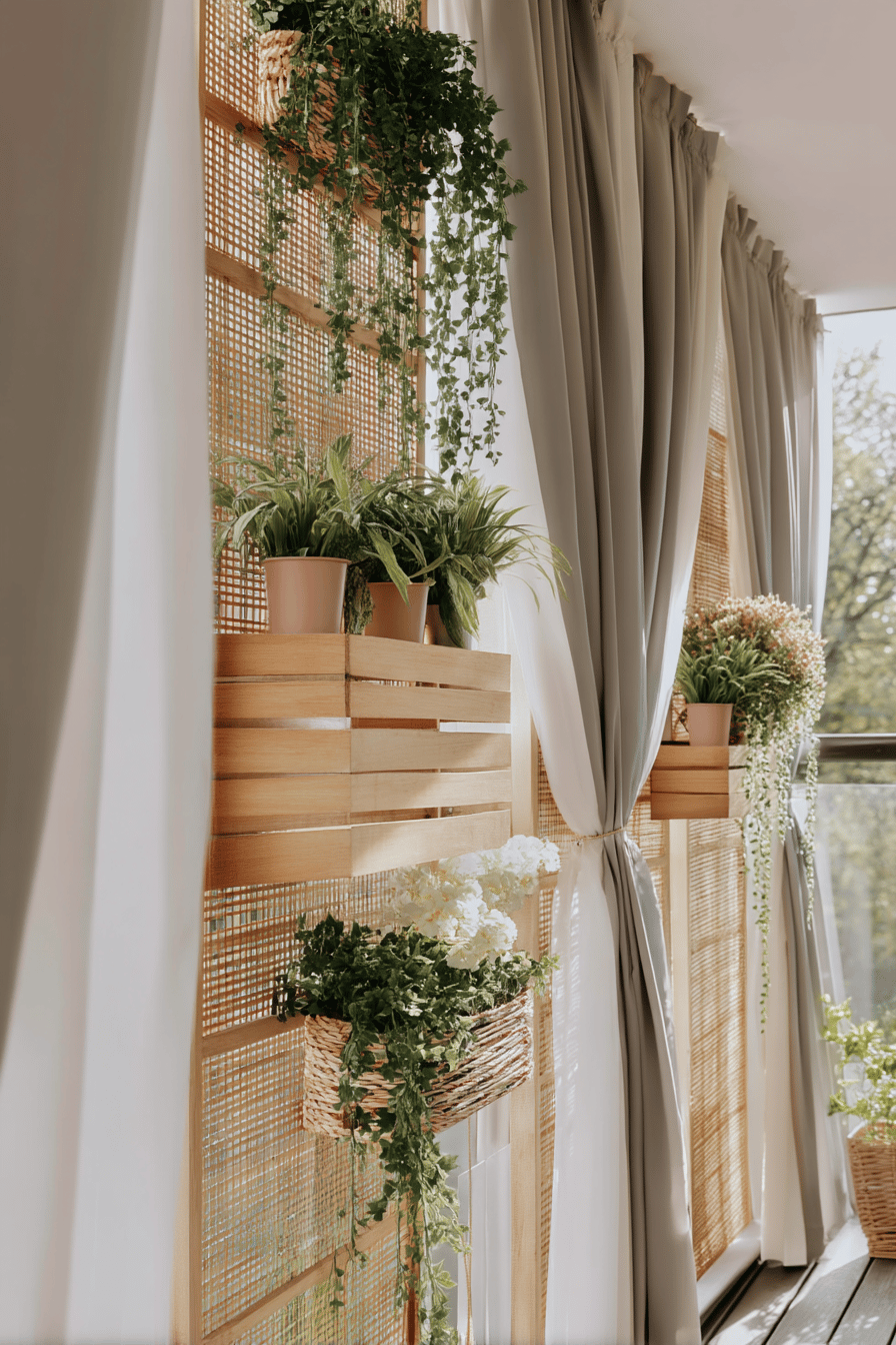 Balkon mit Pflanzen und Vorhängen als Sichtschutz.