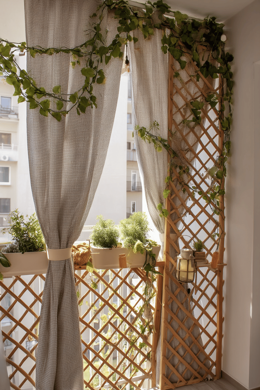 Balkon mit Spalier, Kletterpflanzen und Vorhängen.