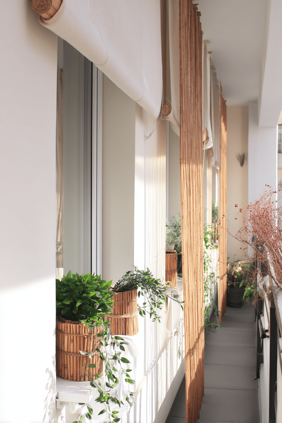 Balkon mit Stofftrennwänden und grünen Pflanzen.