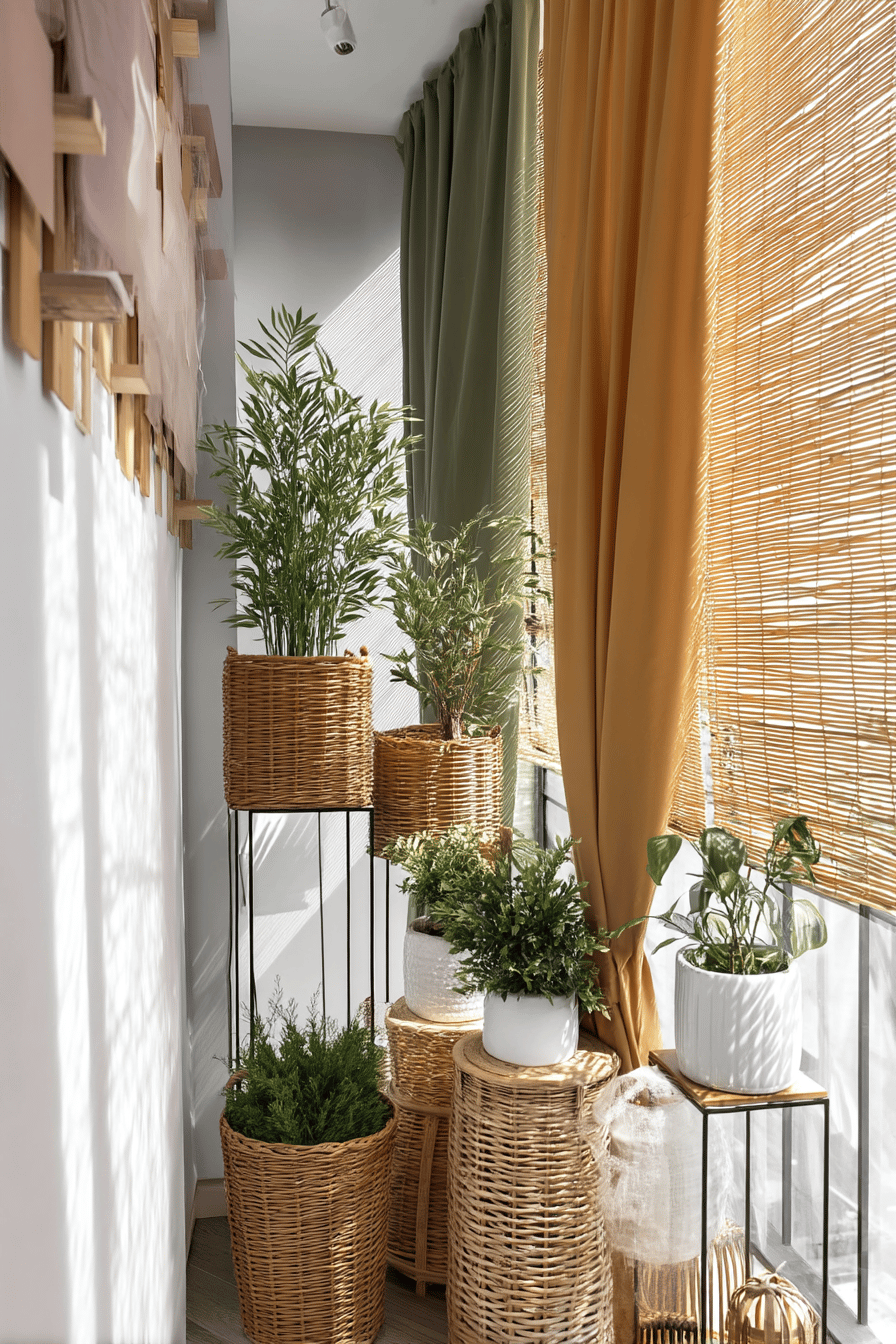 Verschiedene Kübelpflanzen auf einem Balkon mit Vorhängen und Bambusjalousien im Hintergrund.
