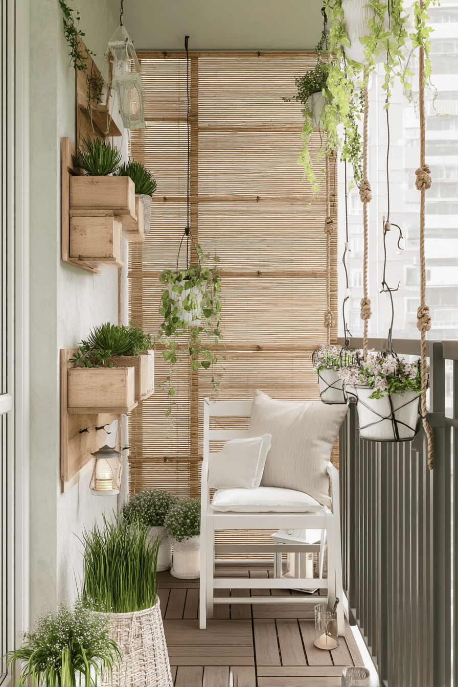 Balkon mit Bambusrollo, weißen Möbeln und hängenden Pflanzen.