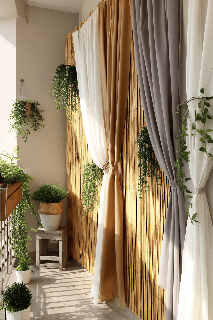 Balkon mit Bambus-Sichtschutz, farbigen Vorhängen und grünen Pflanzen.