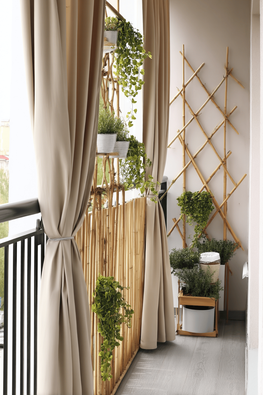 Ein Balkon mit Vorhängen, Holz-Rankgittern und Pflanzen.