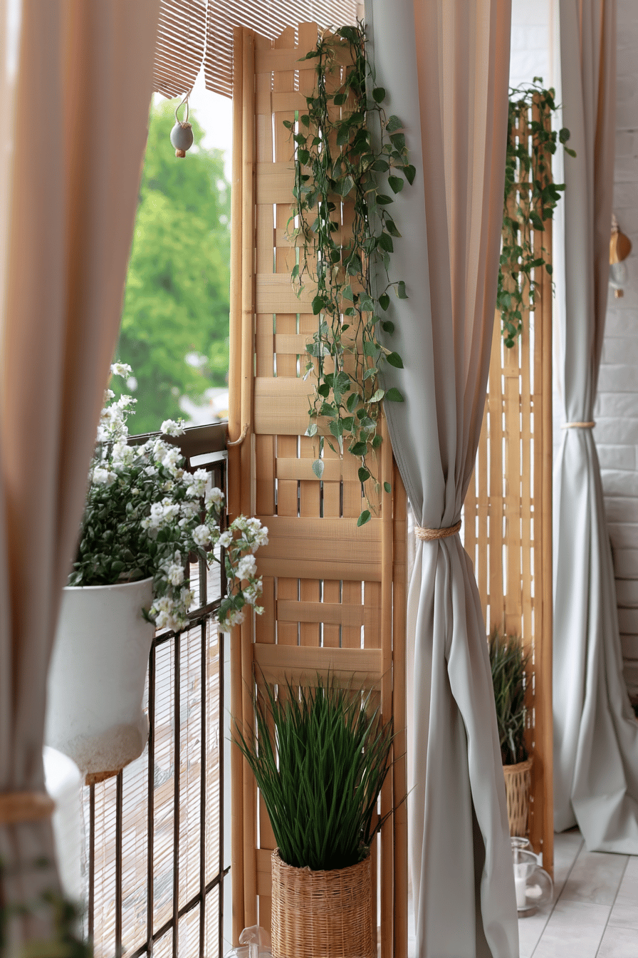 Balkon mit Holztrennwänden, hängenden Pflanzen und Vorhängen.