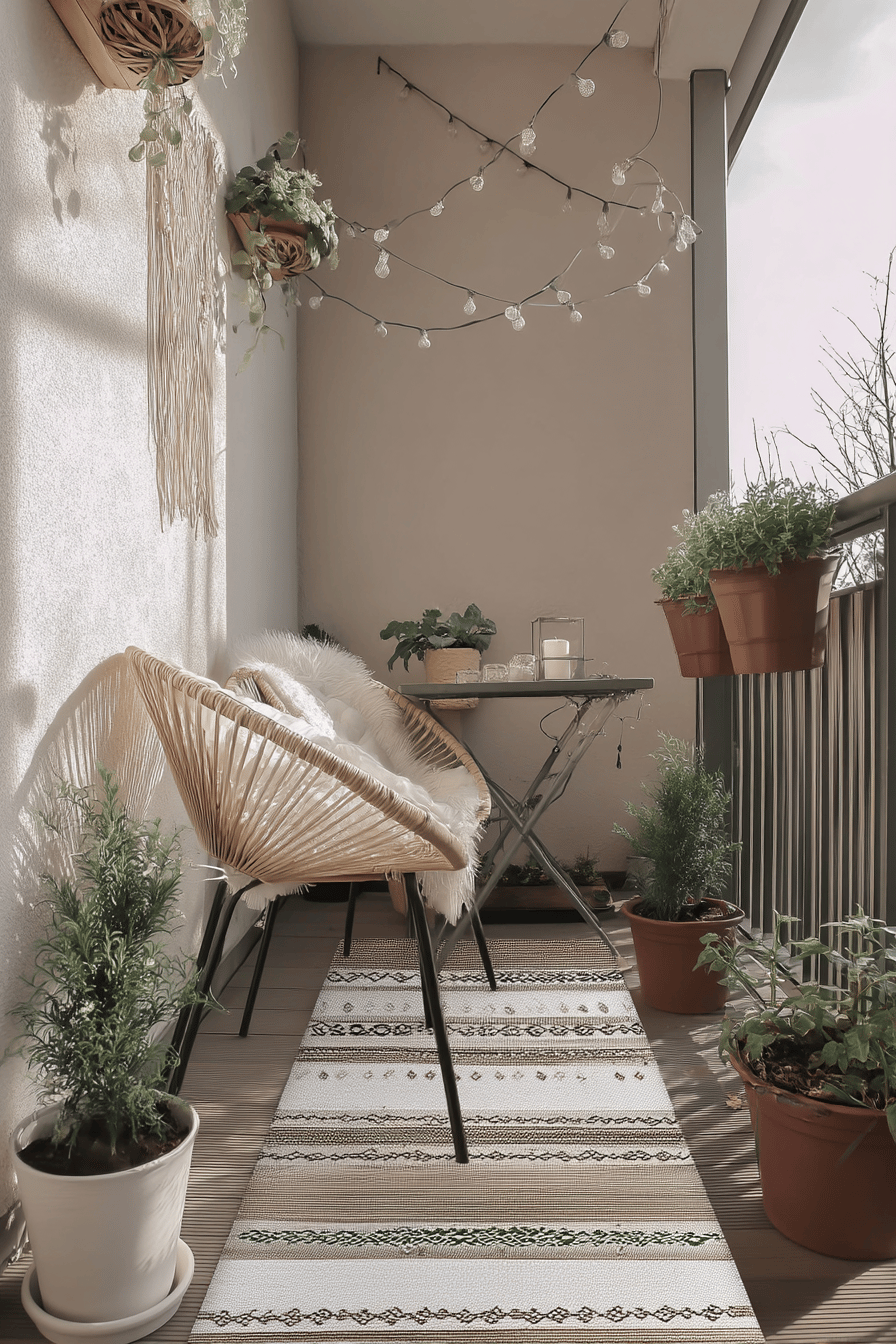 Kleiner Balkon mit gemütlichen Stühlen, Pflanzen und einem wasserfesten Teppich.