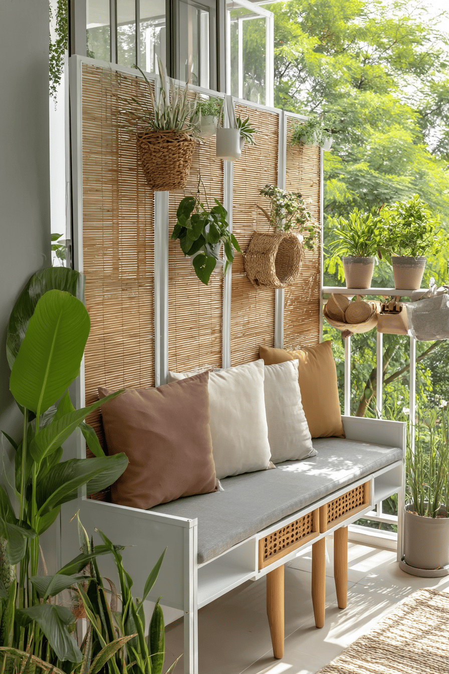 Balkon mit Truhenbank und Bambus-Sichtschutz, umgeben von Pflanzen.