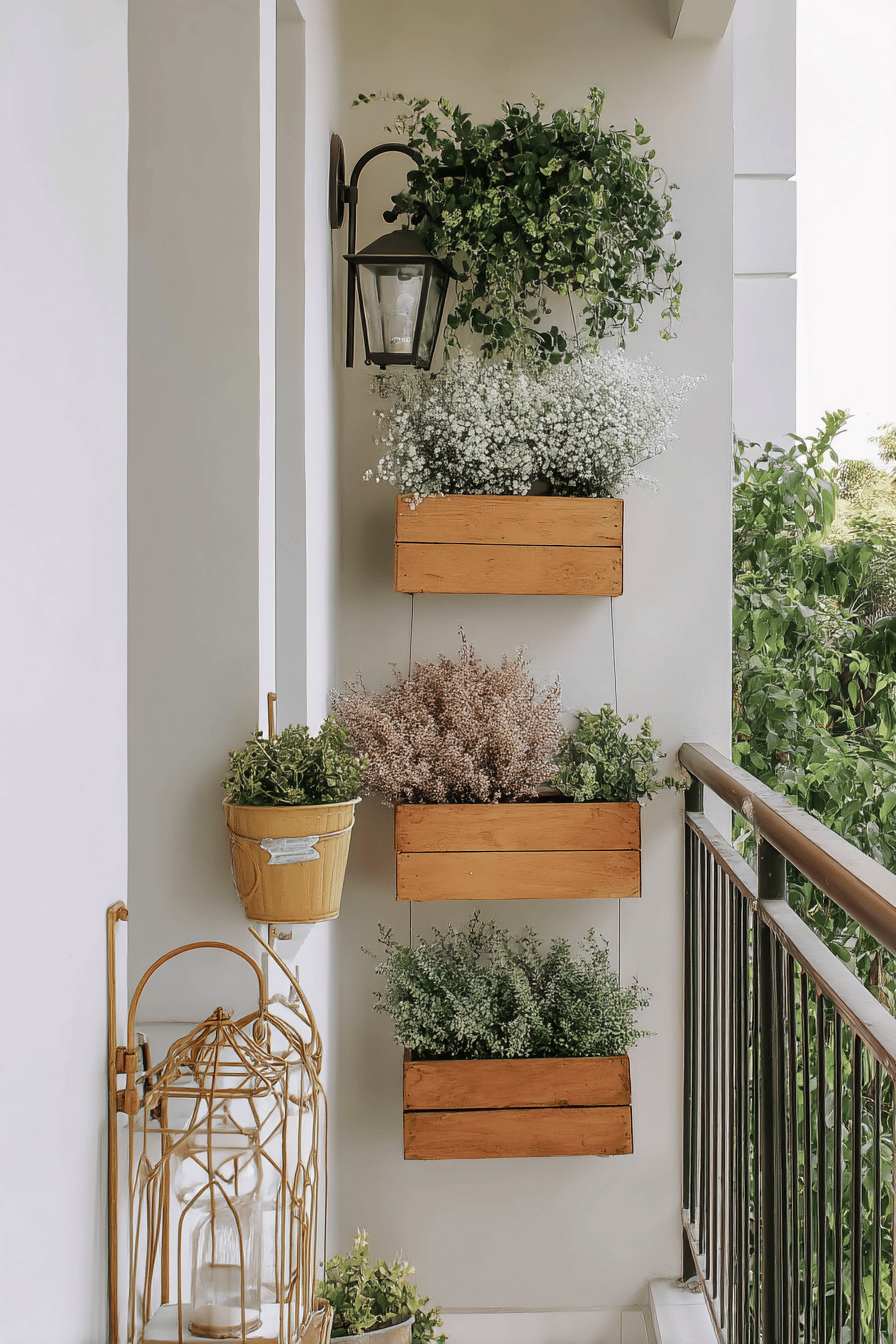Ein schmaler Balkon mit vertikalen Holzpflanzkästen, die mit grünen Pflanzen und weißen Blumen gefüllt sind.