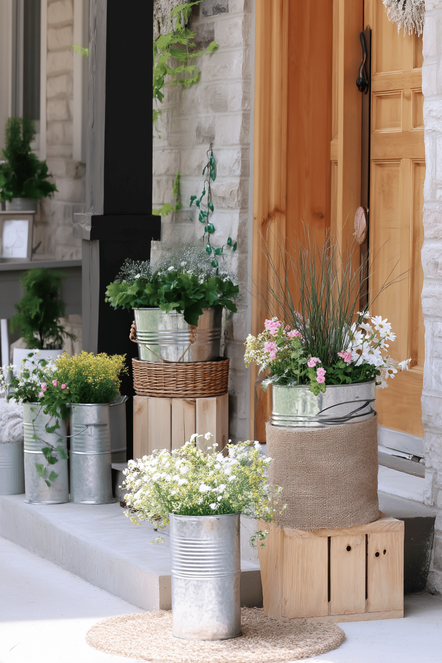 Verschiedene Zinkwannen mit bunten Blumen vor einem Hauseingang.