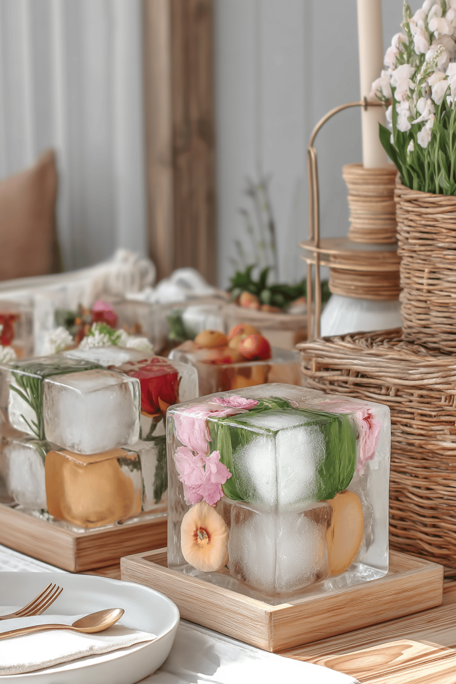 Große Eiswürfel mit eingefrorenen Blumen und Früchten als Tischdekoration.