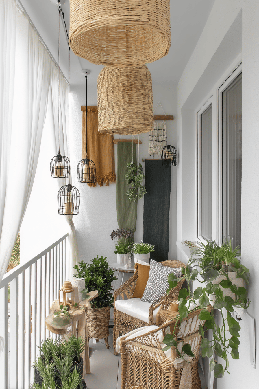 Balkon im Boho-Stil mit Korblampen, hängenden Pflanzen und Stoffakzenten.
