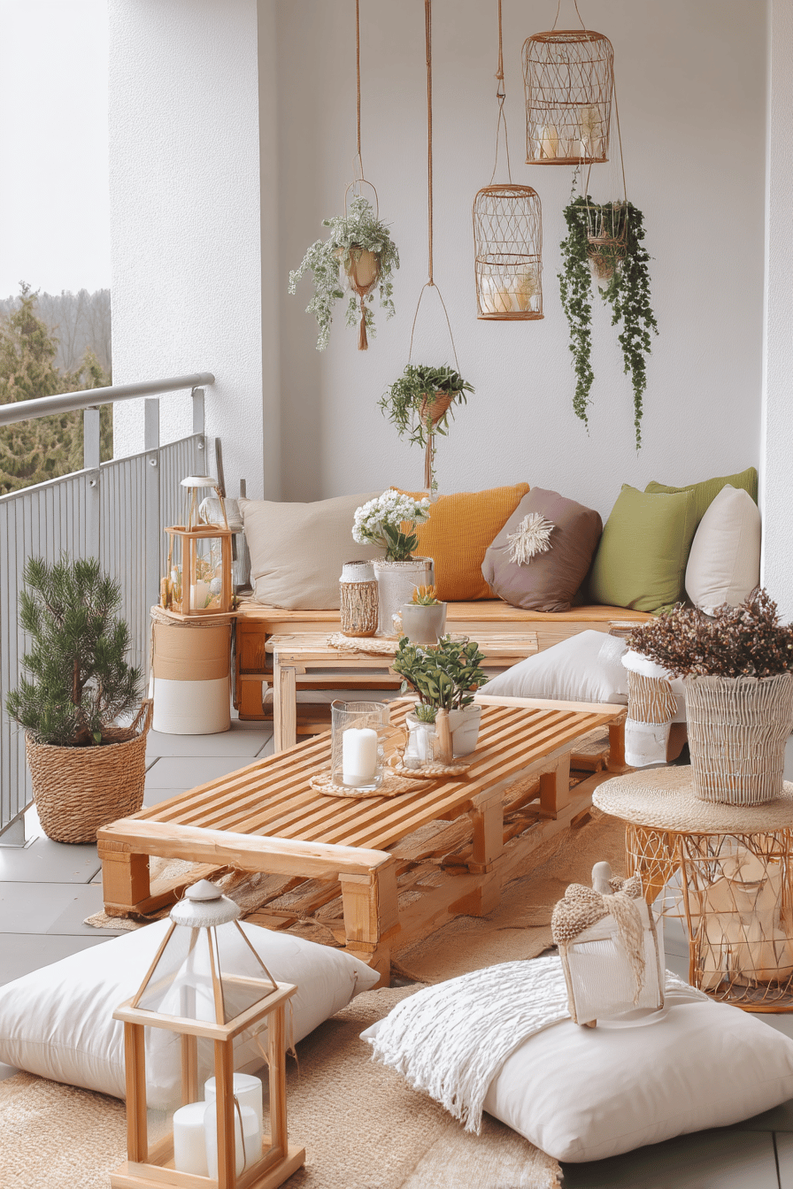 Ein stilvoller Boho-Balkon mit Holz- und Jutemöbeln, Pflanzen und Laternen.