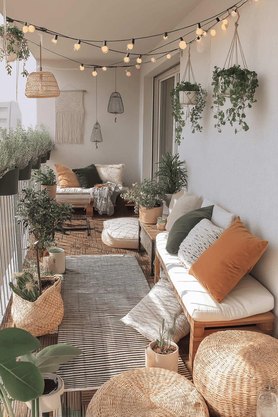 Ein stilvoller Boho-Balkon mit gemütlichen Sitzgelegenheiten, Pflanzen und Teppichen.