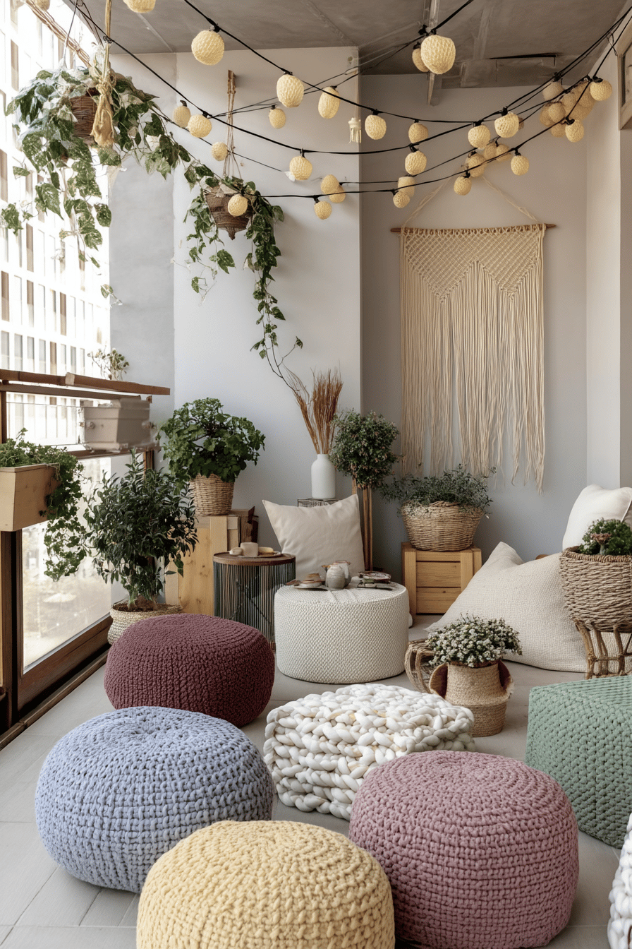 Balkon mit verschiedenen Poufs, Lichterketten und Pflanzen in einem boho-inspirierenden Stil.