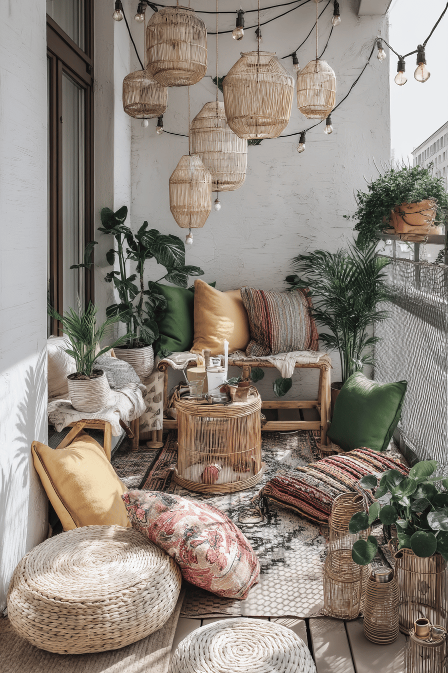 Ein Boho-Balkon mit ethnisch inspirierten Textilien, Pflanzen und Rattanlaternen.
