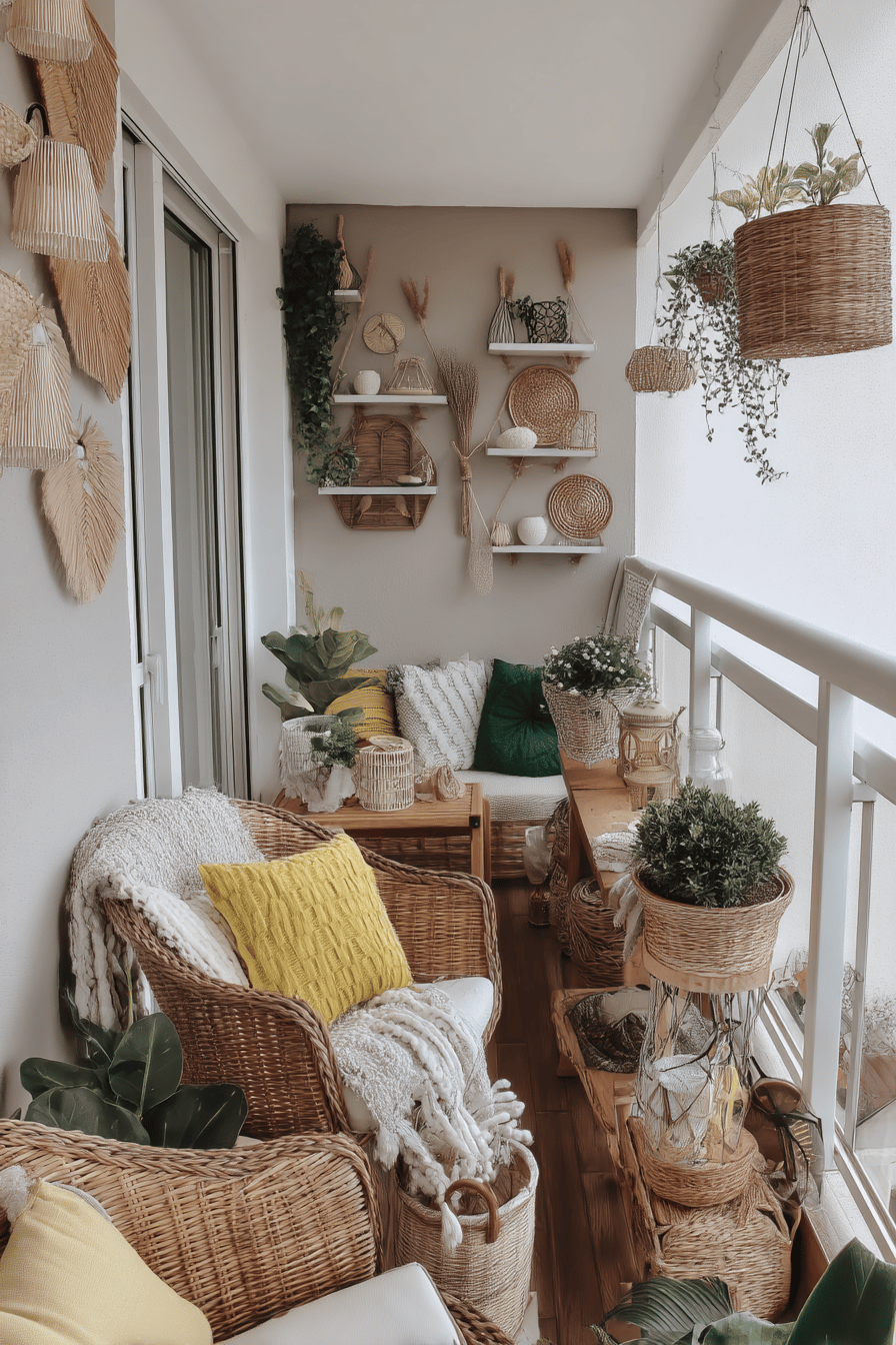 Ein gemütlicher Balkon im Boho-Stil mit Rattanmöbeln, Pflanzen und Dekorationen.