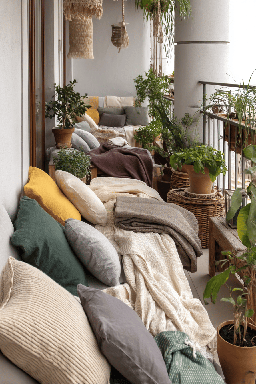 Balkon mit Kissen und Decken in verschiedenen Farben und Pflanzen.