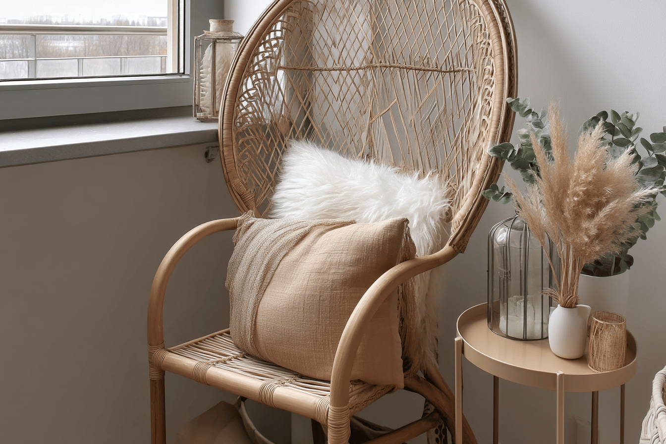 Gemütlicher Rattanstuhl mit Dekokissen und Pflanzen