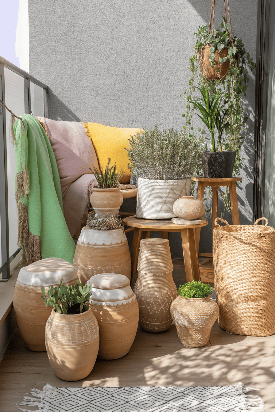 Ein Balkon im Boho-Stil mit handgefertigten Keramiktöpfen und Pflanzen.