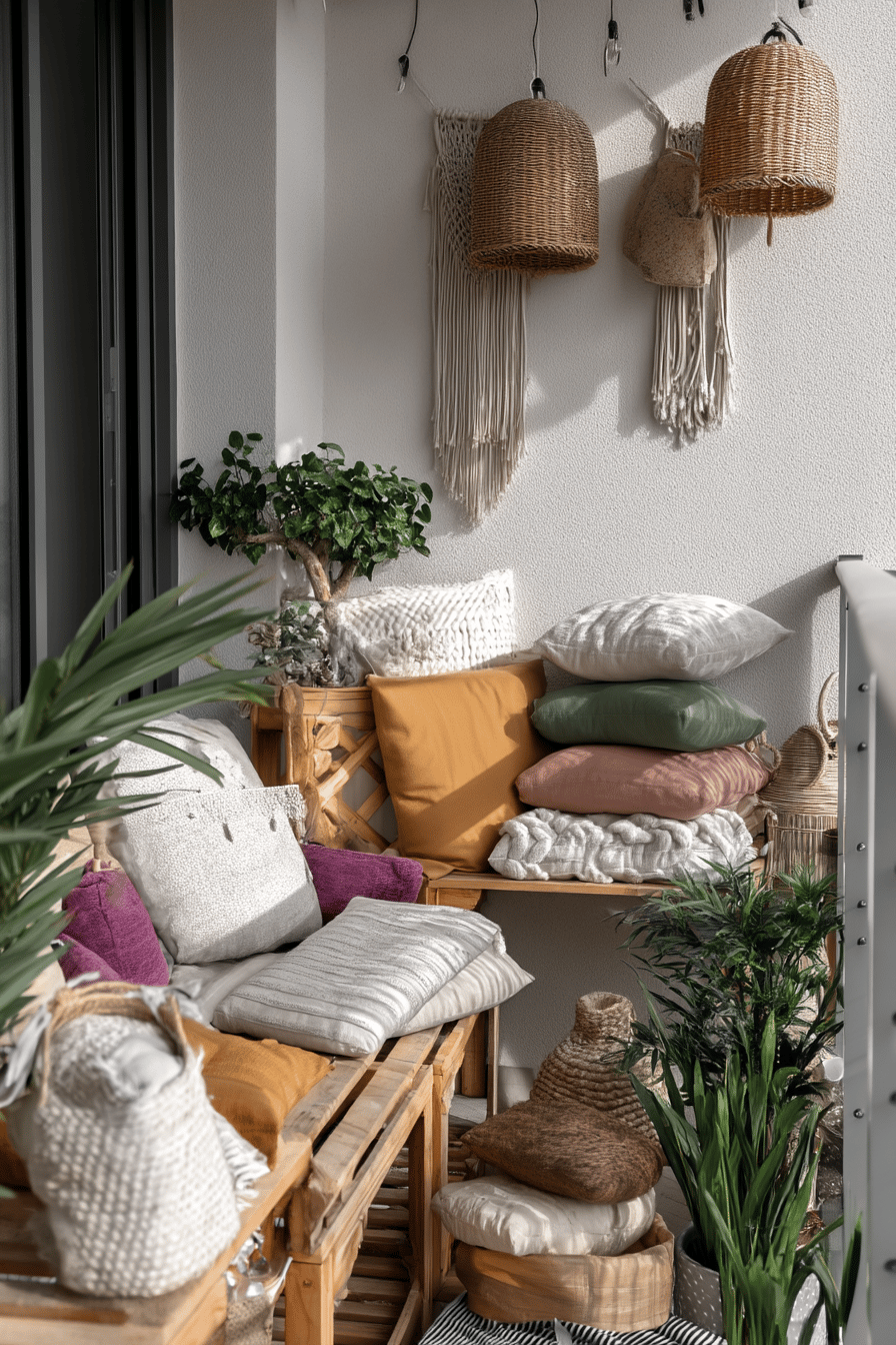 Ein Boho-Balkon mit verschiedenen Kissen und Pflanzen.