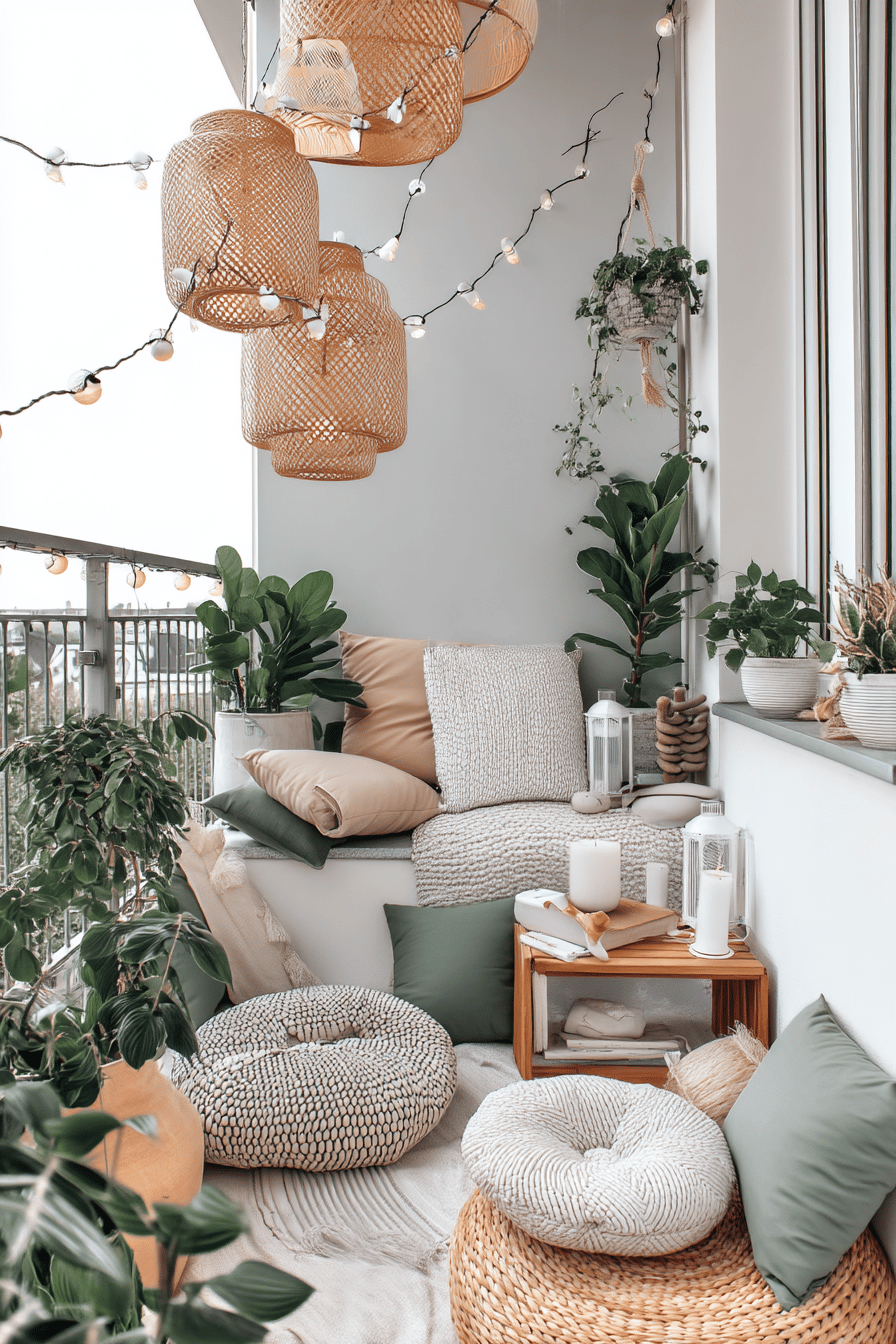 Gemütlicher Balkon im Boho-Stil mit Bodenkissen, Laternen und Pflanzen.