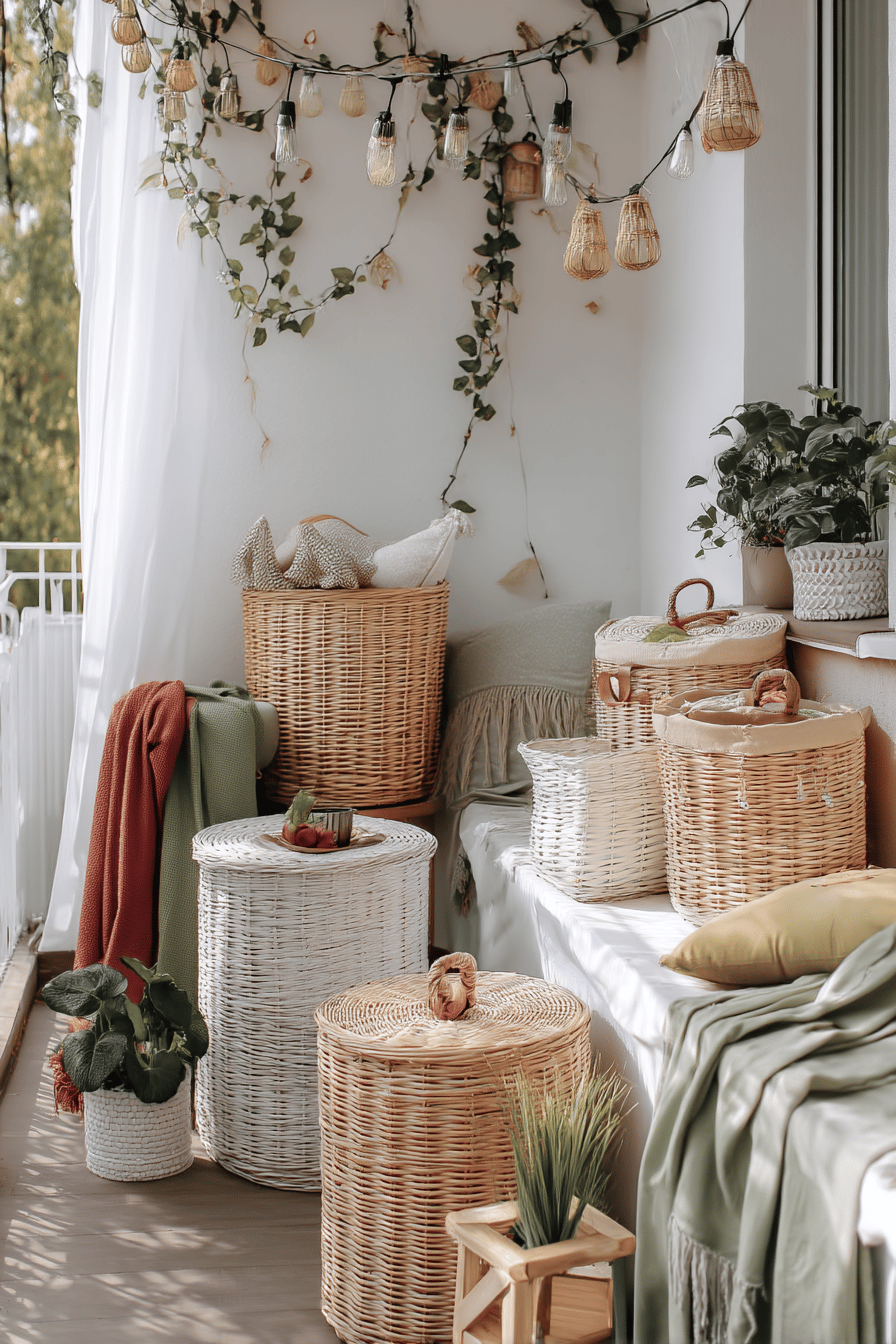 Ein gemütlicher Balkon mit Korbwaren für Stauraum und hängenden Lichtern im Boho-Stil.