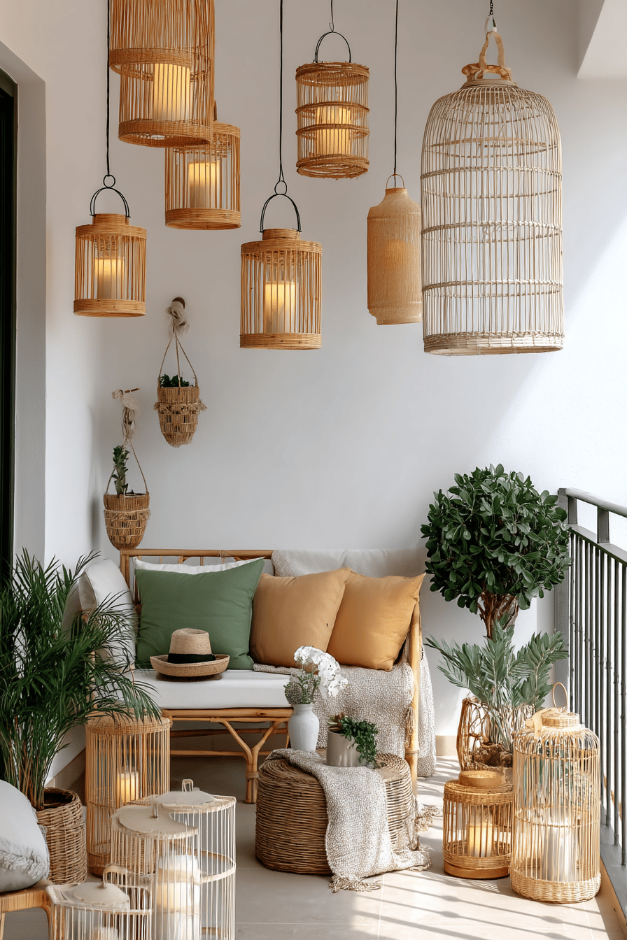 Ein Boho-Balkon mit hängenden Laternen, Kissen und Pflanzen.