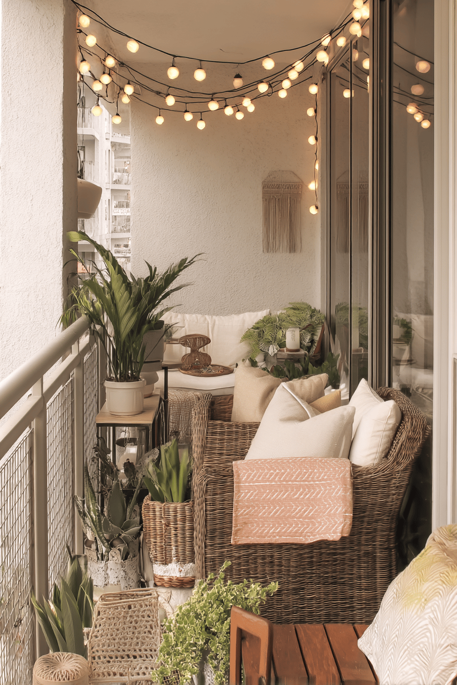 Boho Balkon mit gemütlicher Dekoration, Lichterketten, Textilien und Pflanzen.