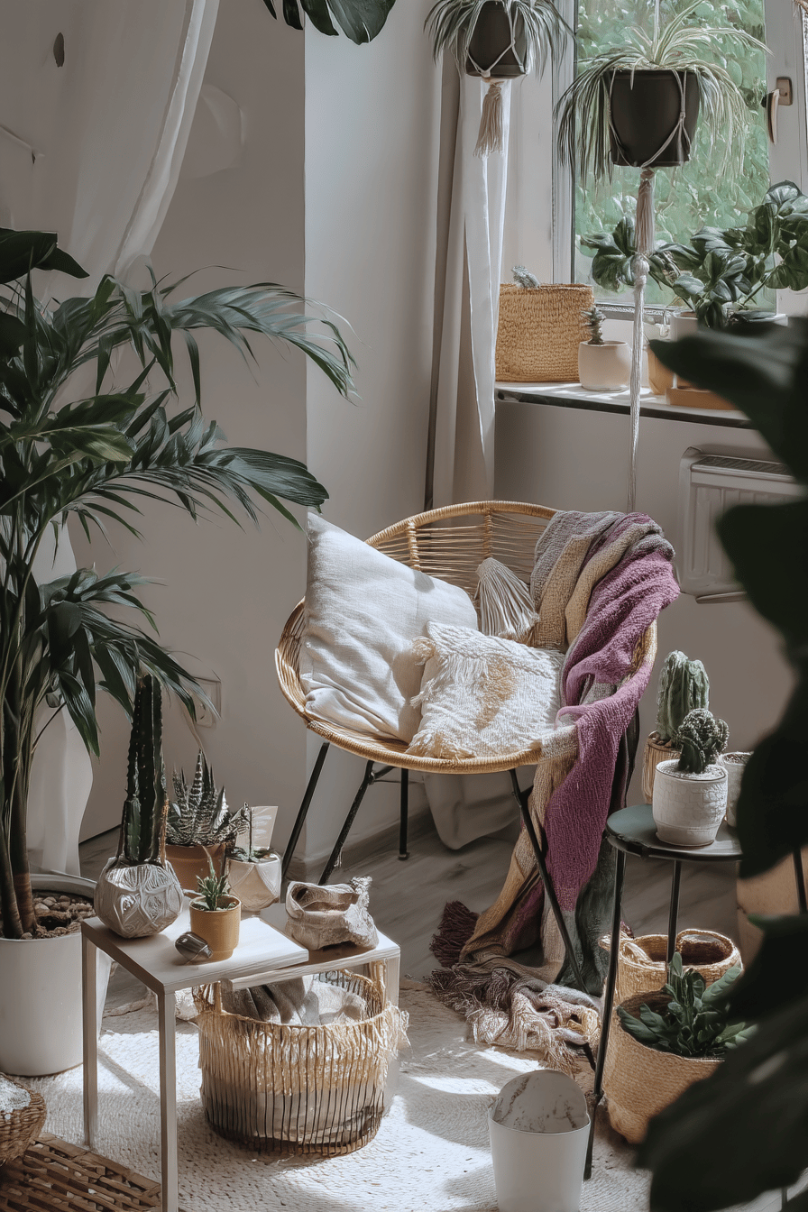 Ein Balkon im Boho-Stil mit Pflanzen, einem Lounge-Sessel und gemütlichen Dekorationen.