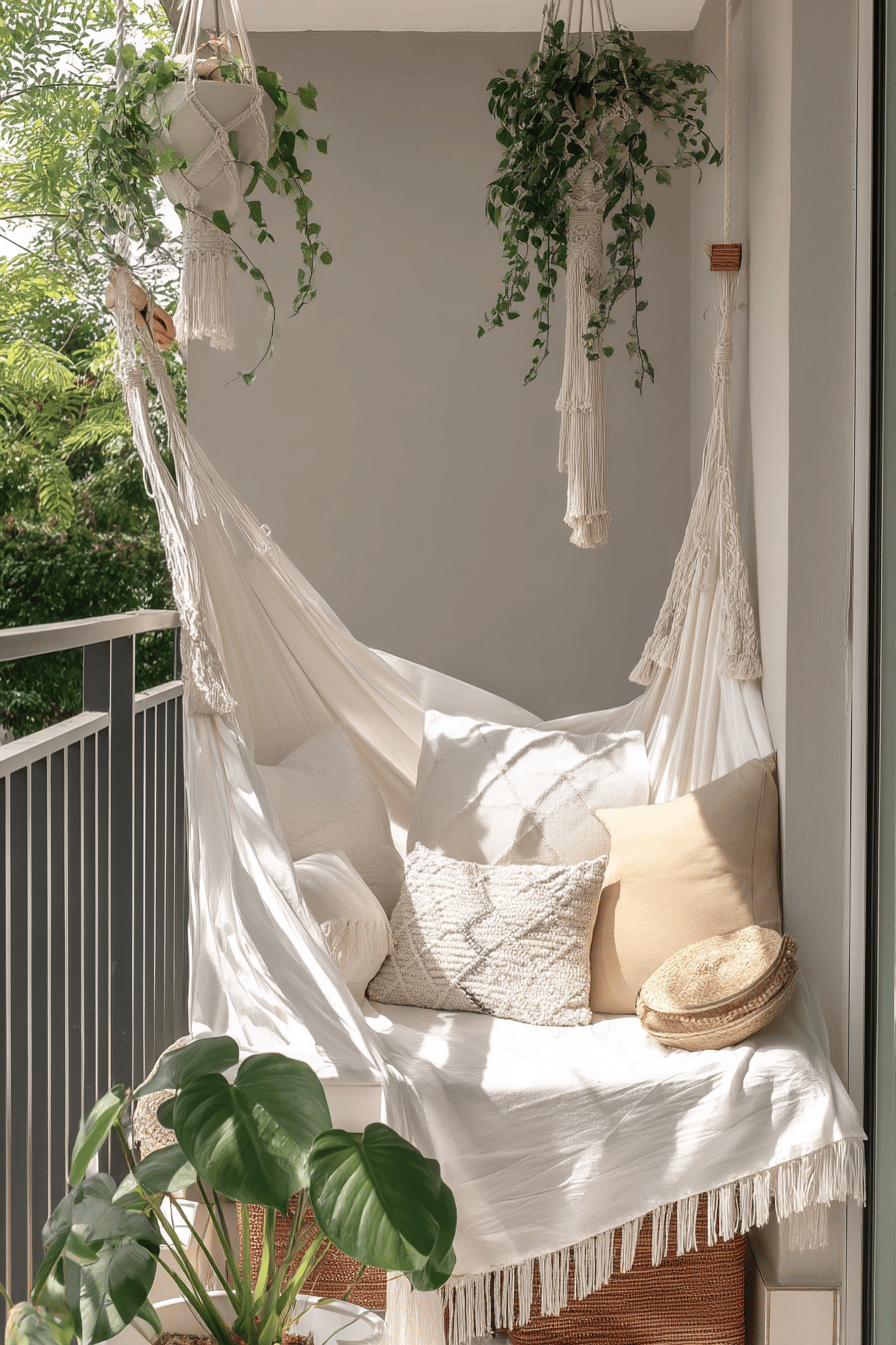Ein Balkon mit Makramee-Hängematte, Kissen und Pflanzen im Boho-Stil dekoriert.