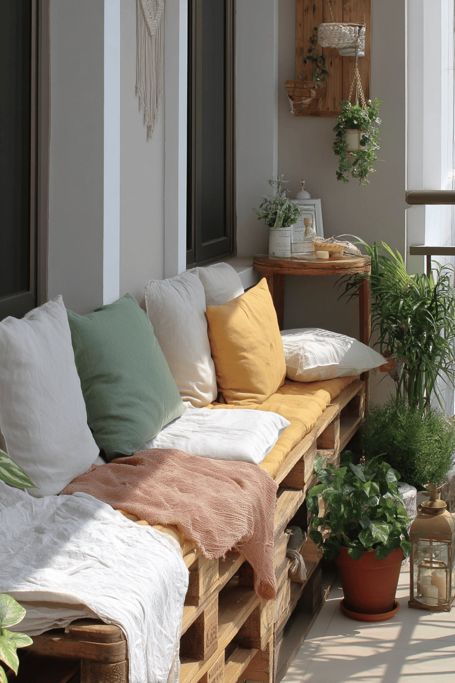 Gemütlicher Boho-Balkon mit Palettenmöbeln und Pflanzen.