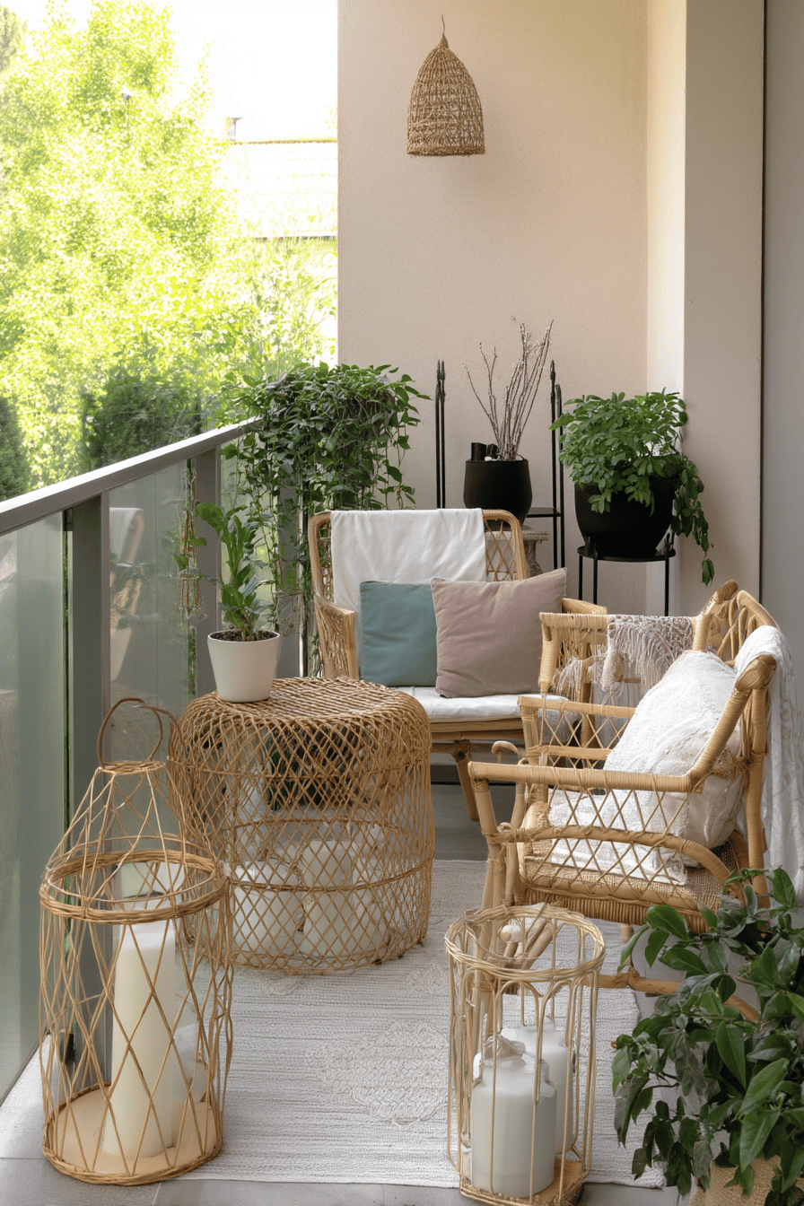 Gemütlicher Balkon mit Rattanmöbeln, Kissen und Pflanzen.