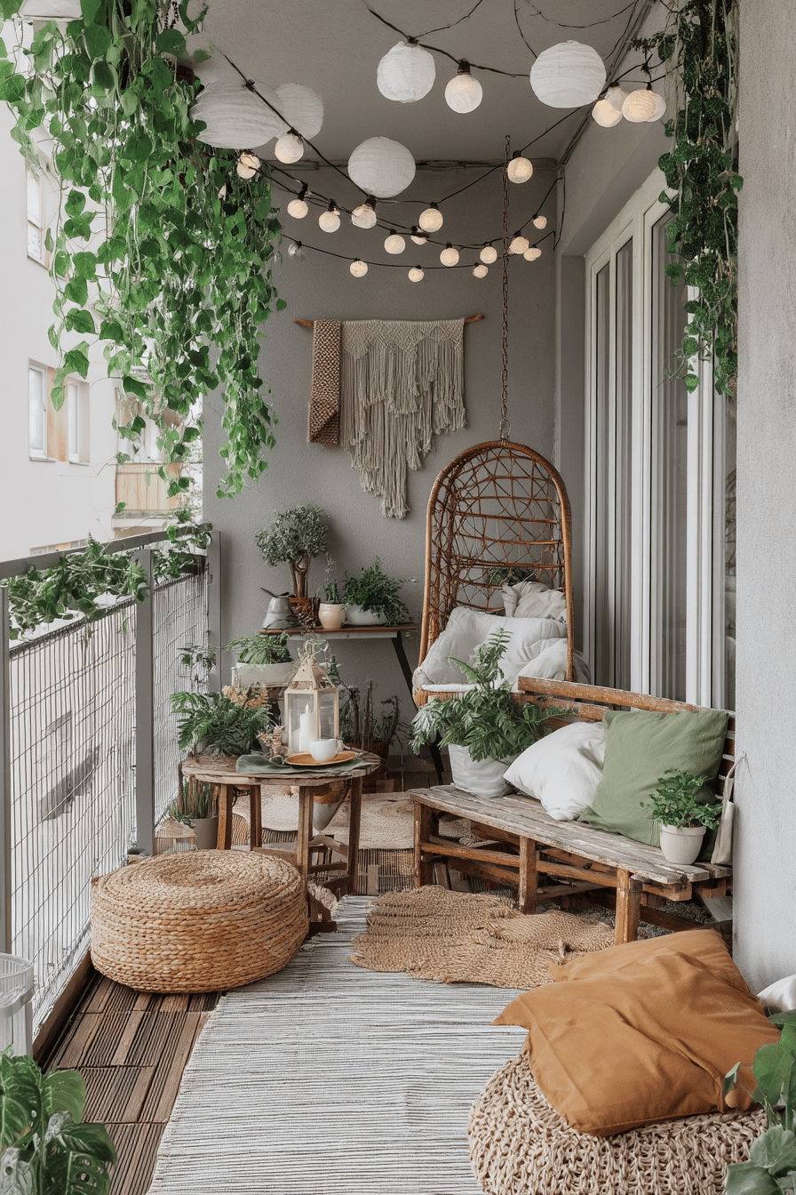 Ein Balkon im Boho-Stil mit hängenden Pflanzen, Lichterketten, Teppichen und gemütlichen Kissen.