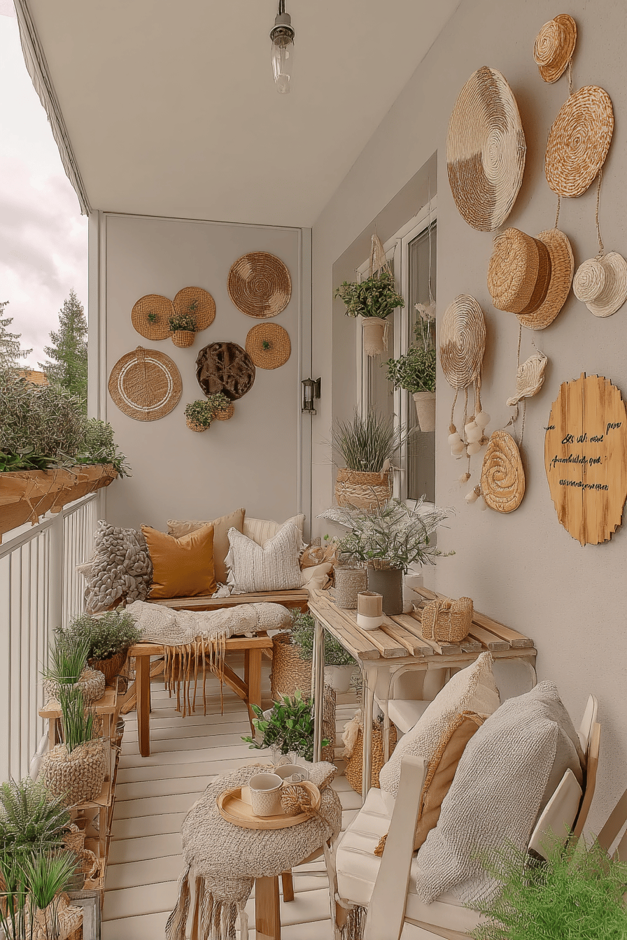 Ein Balkon im Boho-Stil mit Wandbehängen und gemütlichen Sitzgelegenheiten.
