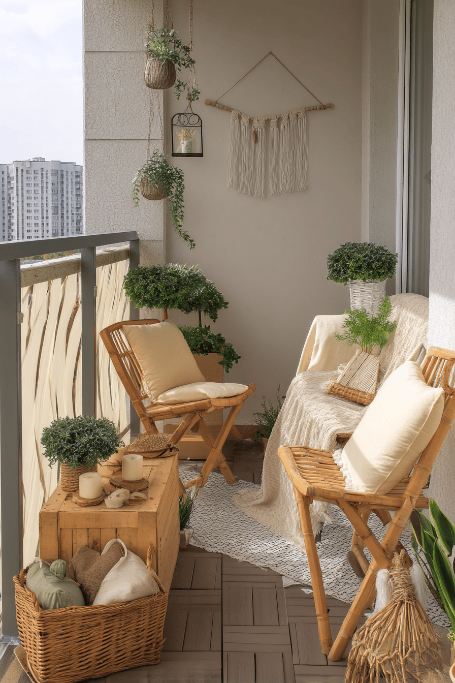 Boho-Balkon mit Bambusmöbeln, Pflanzen und Textildekoration.