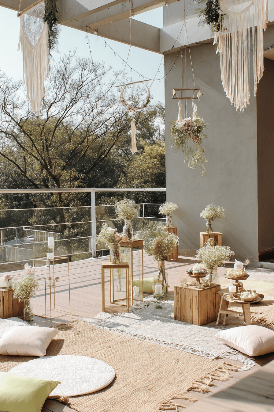 Terrasse mit Boho-Elementen wie Teppichen, Traumfängern und Dekorationen.