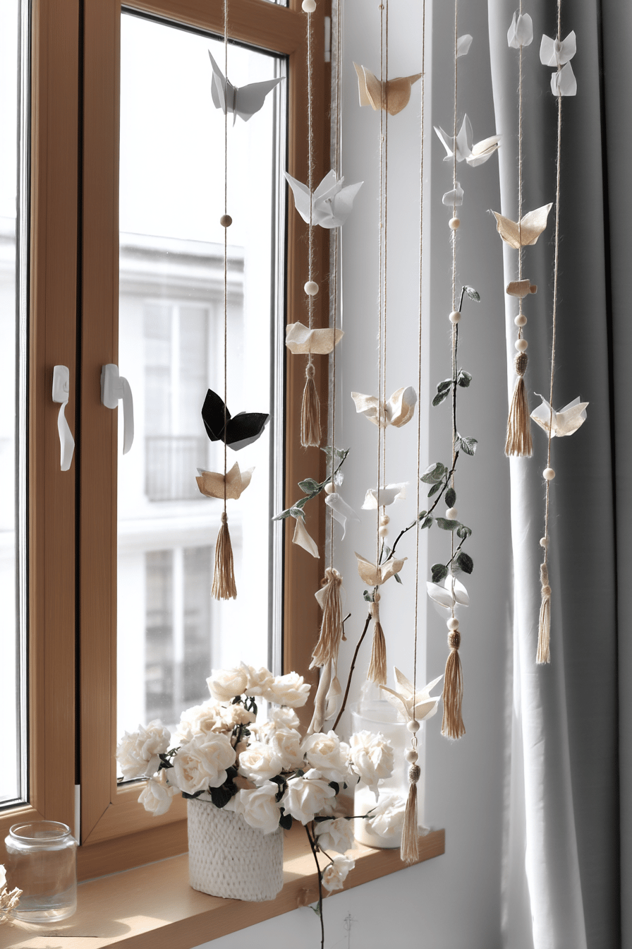 Fensterdekoration mit hängenden DIY Vögeln und Schmetterlingen aus Papier.
